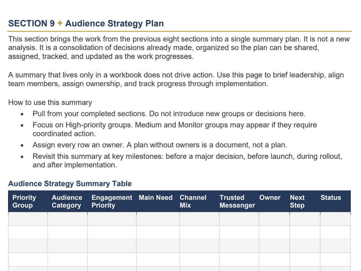 Screenshot from Section 9 of the Audience Strategy Planning Workbook.