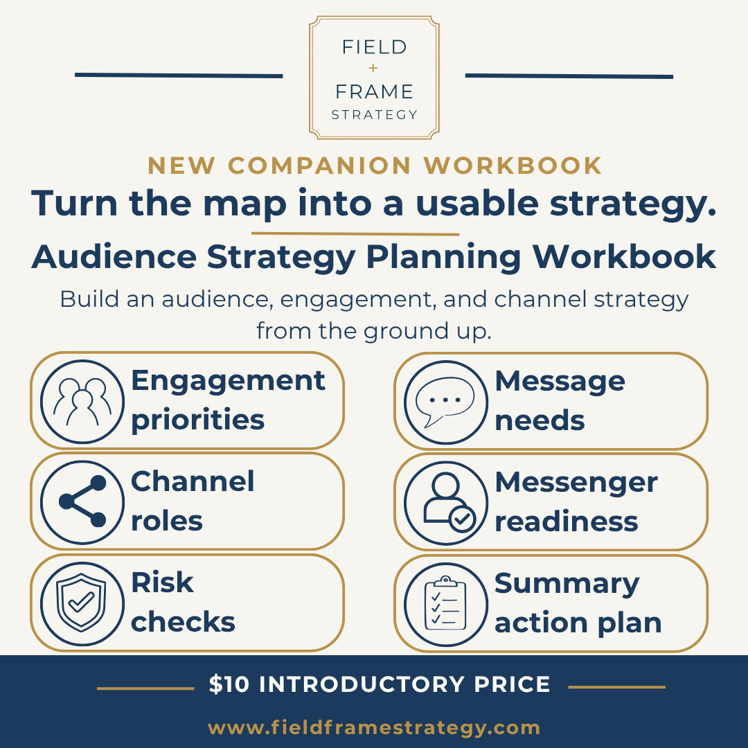 Audience Strategy Planning Workbook graphic describing a $10 companion workbook for building an audience, engagement, and channel strategy from the ground up.